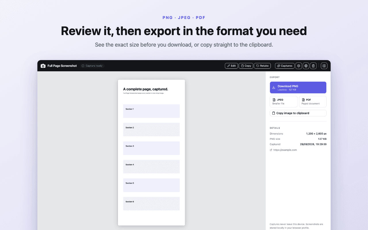Full Page Screenshot review workspace with image and PDF export options